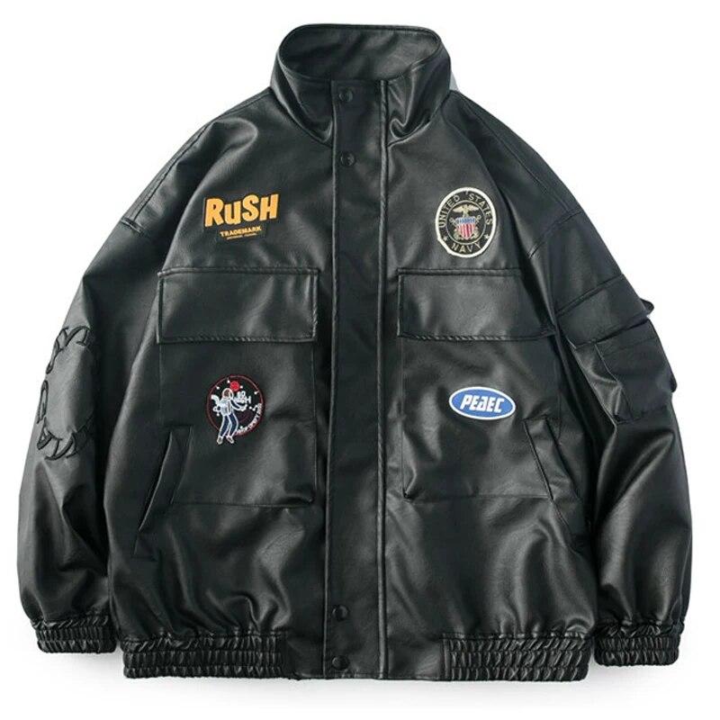 

Faux Leather Bomber Jacket Men Pattern Patch Oversize Male Motorcycle Coat Biker Waterproof Moto Clothing Spring 2021
