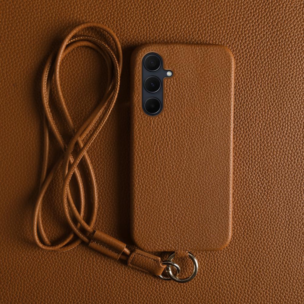 For Samsung Galaxy A35 5G Case with Lanyard Genuine Cow Leather PC Phone Back Cover