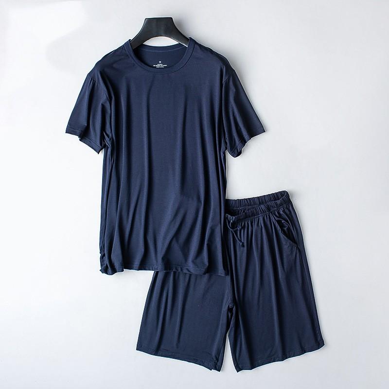 Men's Summer Lightweight Loose-Fit Loungewear Set Short-Sleeve Top + Shorts Can Be Worn Outdoors Solid Color Casual Two-Piece Set