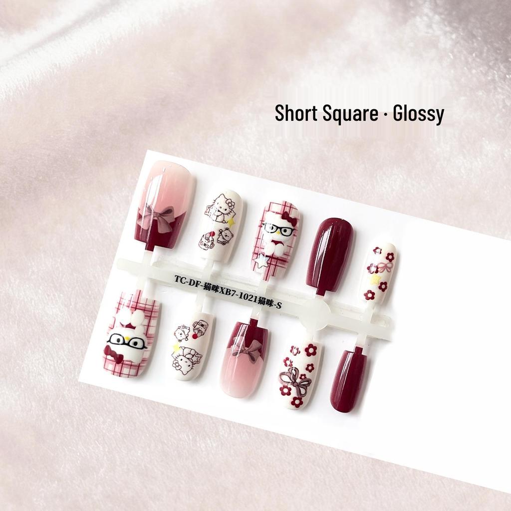 Chinese Style Cartoon Cherry Red Short Wearable Nails for New Year