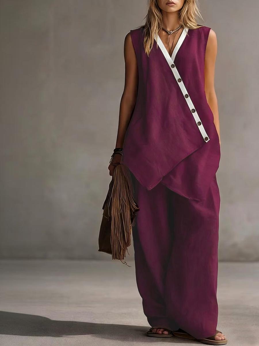 

Bohemian Summer V-Neck Asymmetrical Buttoned Vest Wide Leg Pants Casual Set XXXL червоний