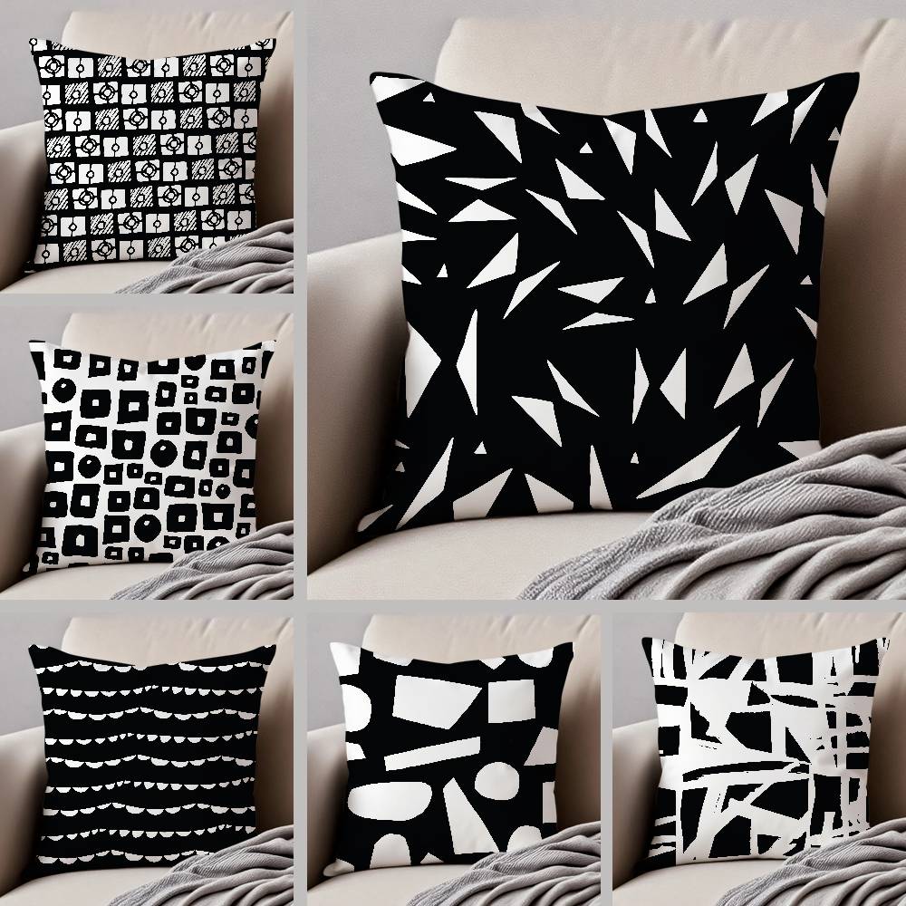 Black And White Abstract Print Pillow Case Anti-dustmite Pillowcase Invisible Zipper Silky Short Plush Sofa Cushion Cover