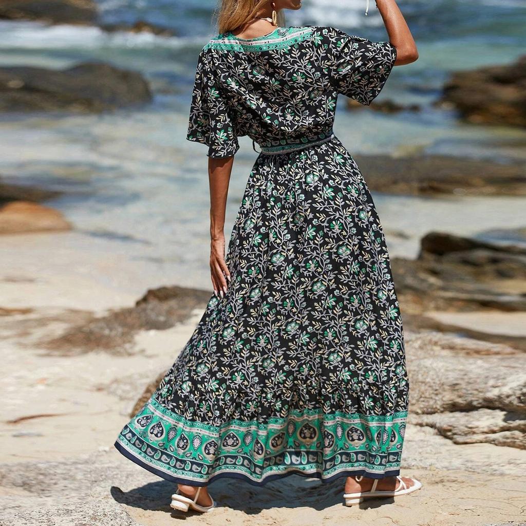 Damen V-Ausschnitt Schnürung Bedrucktes Bohemian Kleid Blumen Kurzarm Langes Kleid