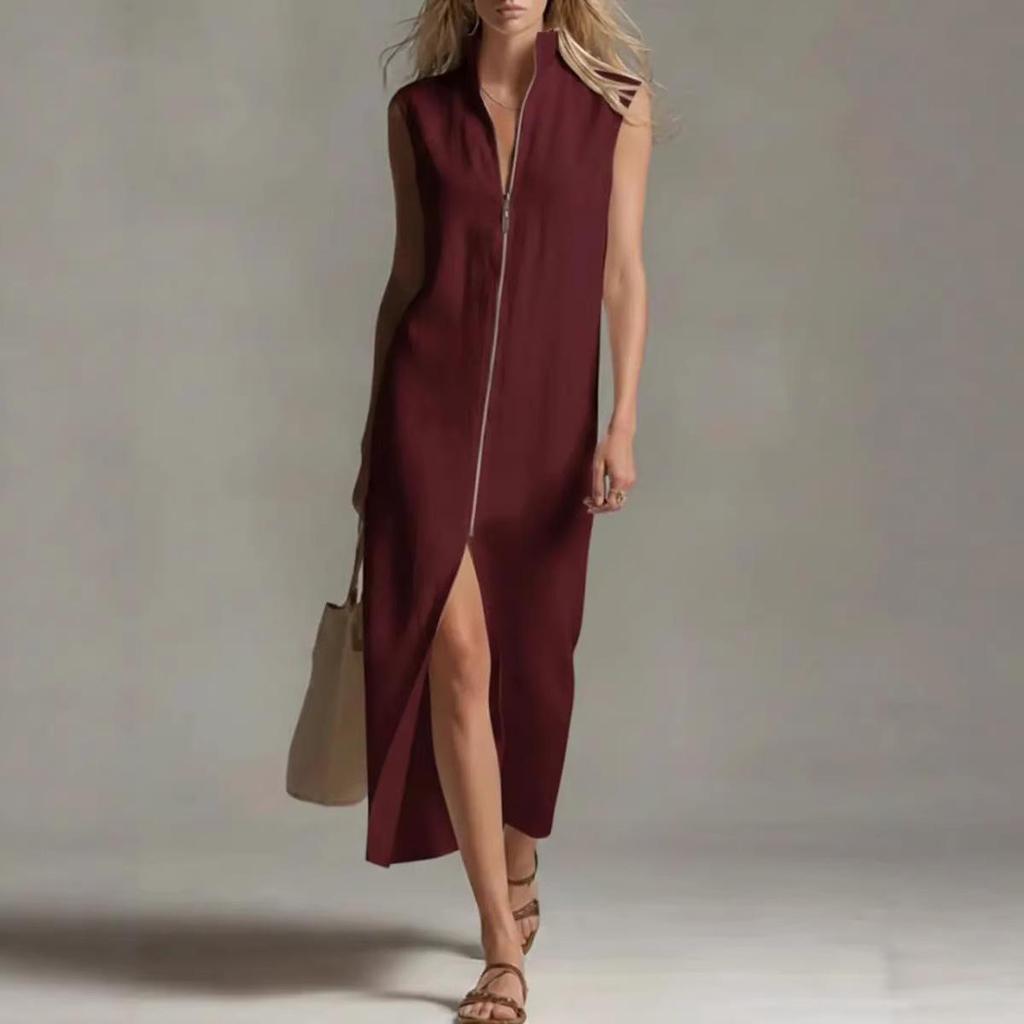 2026 Sleeveless Zipper Stand Collar Slit Casual Summer Dress - European & American Women's Fashion