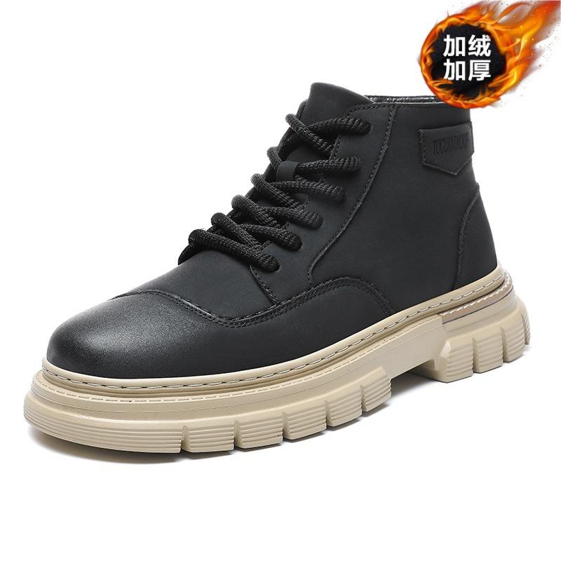 Leather high-top velvet thick-soled Martin boots retro trend lace-up tooling boots men's thickened warm leather boots