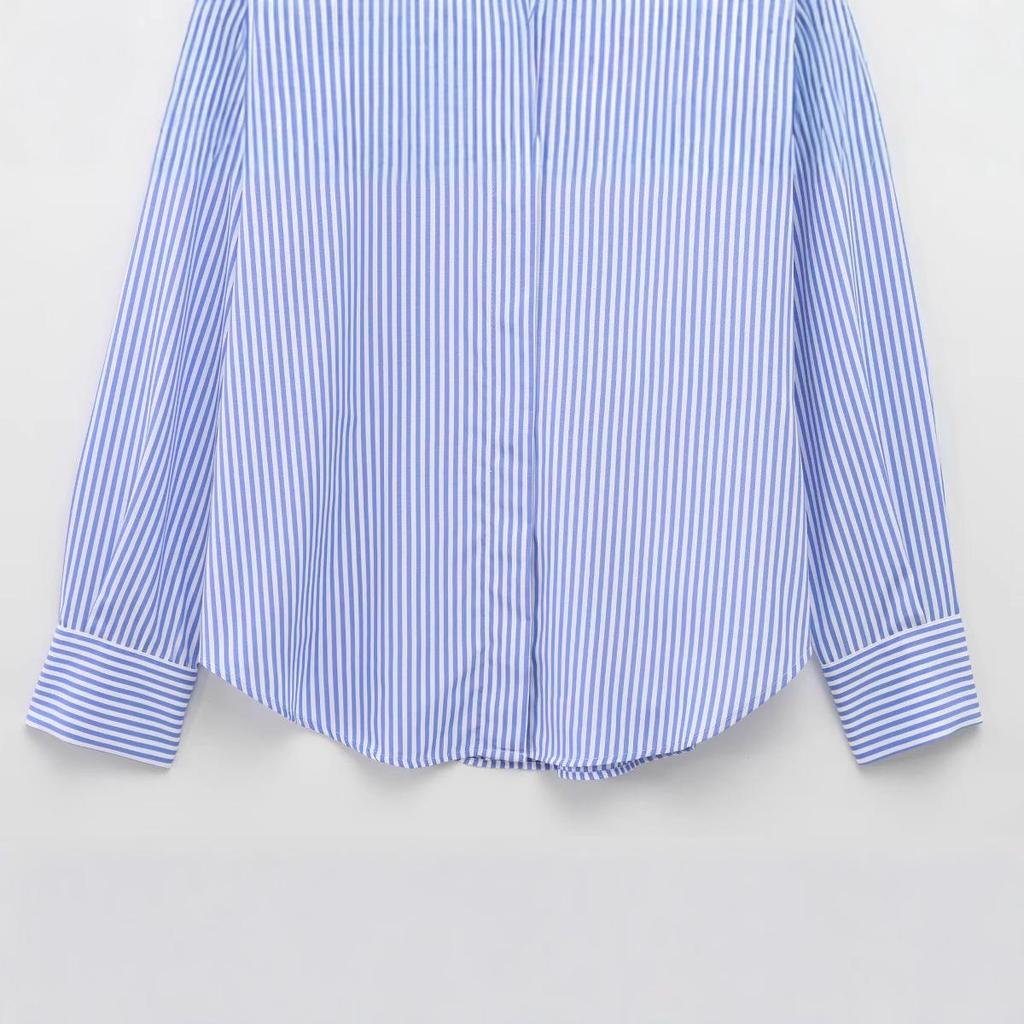 2025 Spring Women's European & American Striped Poplin Long Sleeve Lapel Shirt