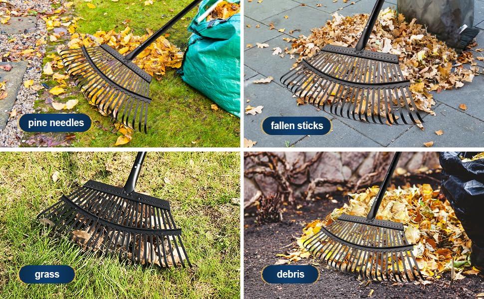 CLEANHOME Garden Rake, 25-Prong Rake, Adjustable Length, 84cm-171cm, Lightweight for Leaf Sweeping, Gardening, Weeding, Lawn, Yard Cleaning (Black)