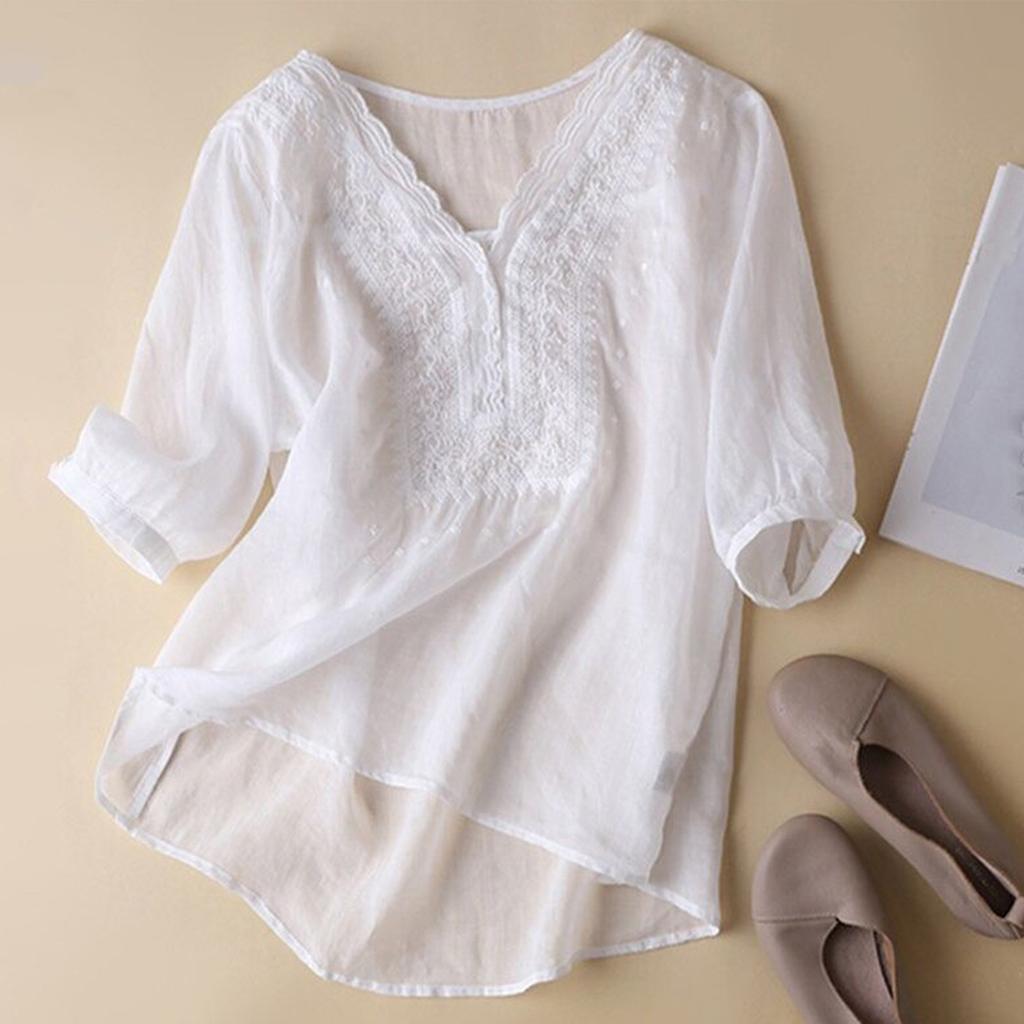 Women's Solid Color Cotton And Linen Short-sleeved Embroidered Retro Breathable T-shirt Round Neck Top