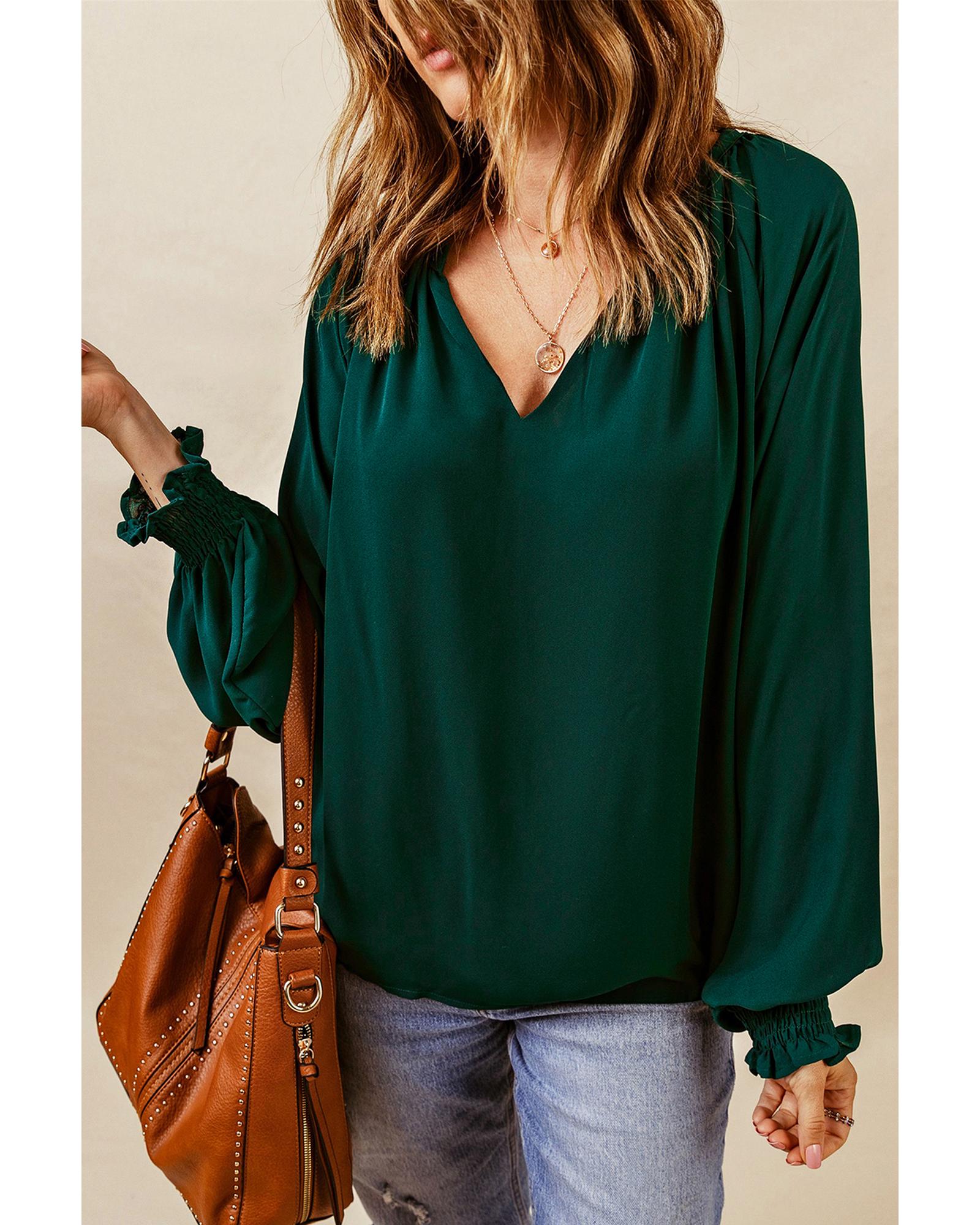 

Azura Exchange Pleated V Neck Puffy Sleeve Blouse S зелений