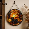Unique Birthday Gift for Her Halloween Moon Black Cat Suncatcher Jigsaw Puzzle, 2D Acrylic Mystical Feline Window Hanging Tiffany Style Light