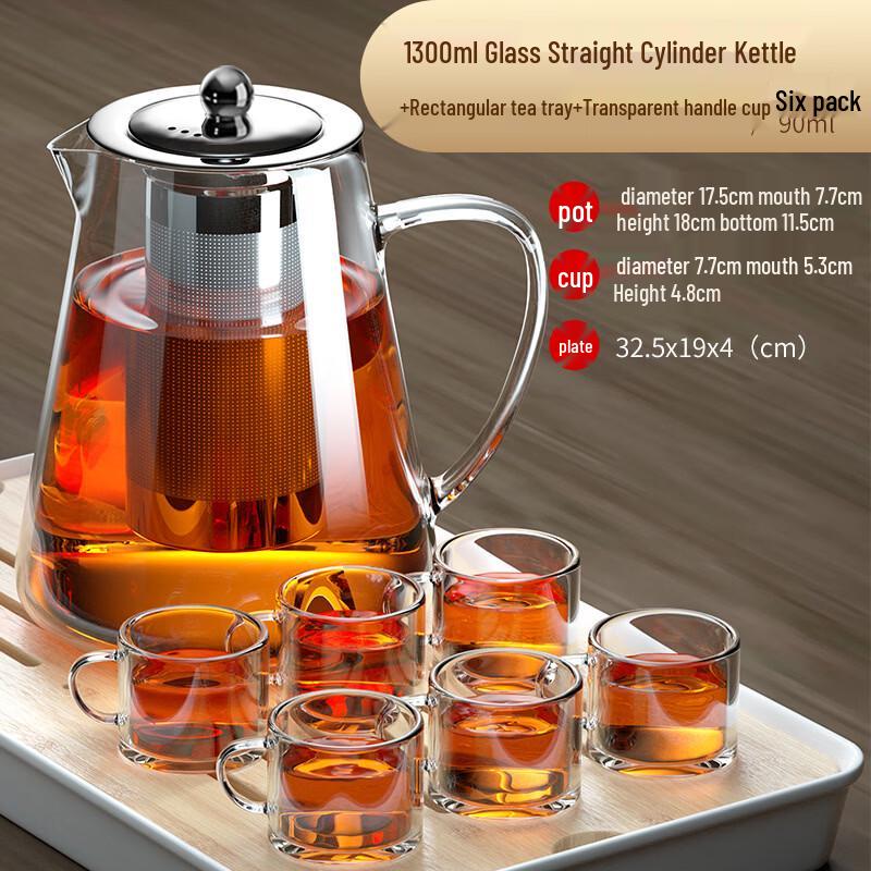 1300ML Glass Teapot Tea Set with 6 Cups and Tray