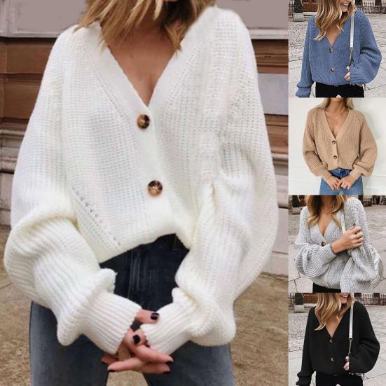 Knitted Cardigan Solid Color Long Sleeve Polyester Single-Breasted Women Sweater for Autumn