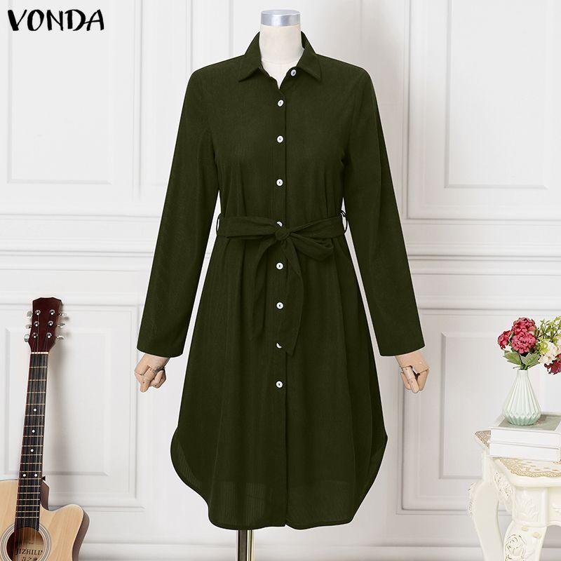 VONDA Spring Women Casual Lapel Neck Solid Color Texture Irregular Belt Long Sleeve Dress