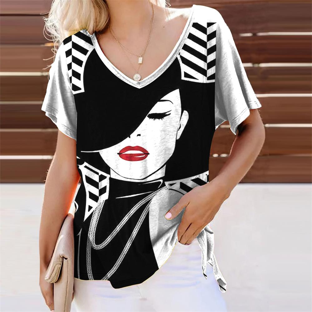 Anime Face Graphic Girl 3D Print T-shirts Women Retro Streetwear V-Neck T Shirt Harajuku Oversized Tops Tees Woman Clothing