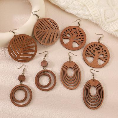 Tree of Life Cutout Wooden Earrings Bohemian Natural Wood Round Dangle Earrings for Women