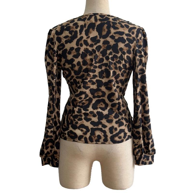 New Women's V-neck Puff Sleeve Contrasting Lace Leopard Print Slim Fit T-shirt Top