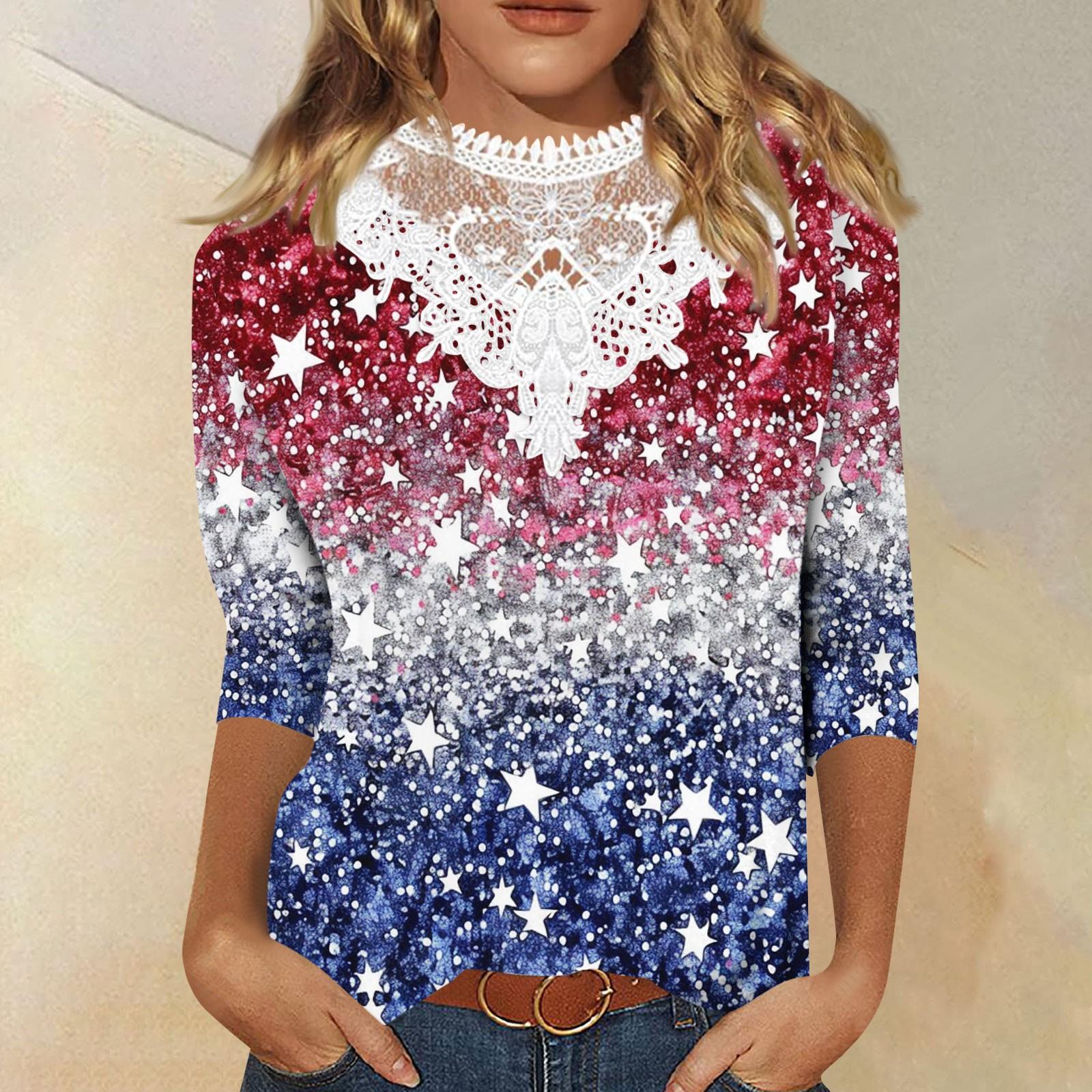

Женские топы с рукавом 3/4, повседневные свободные кружевные футболки с v-образным вырезом, милые топы-туники длиной три четверти с милым принтом XL винный