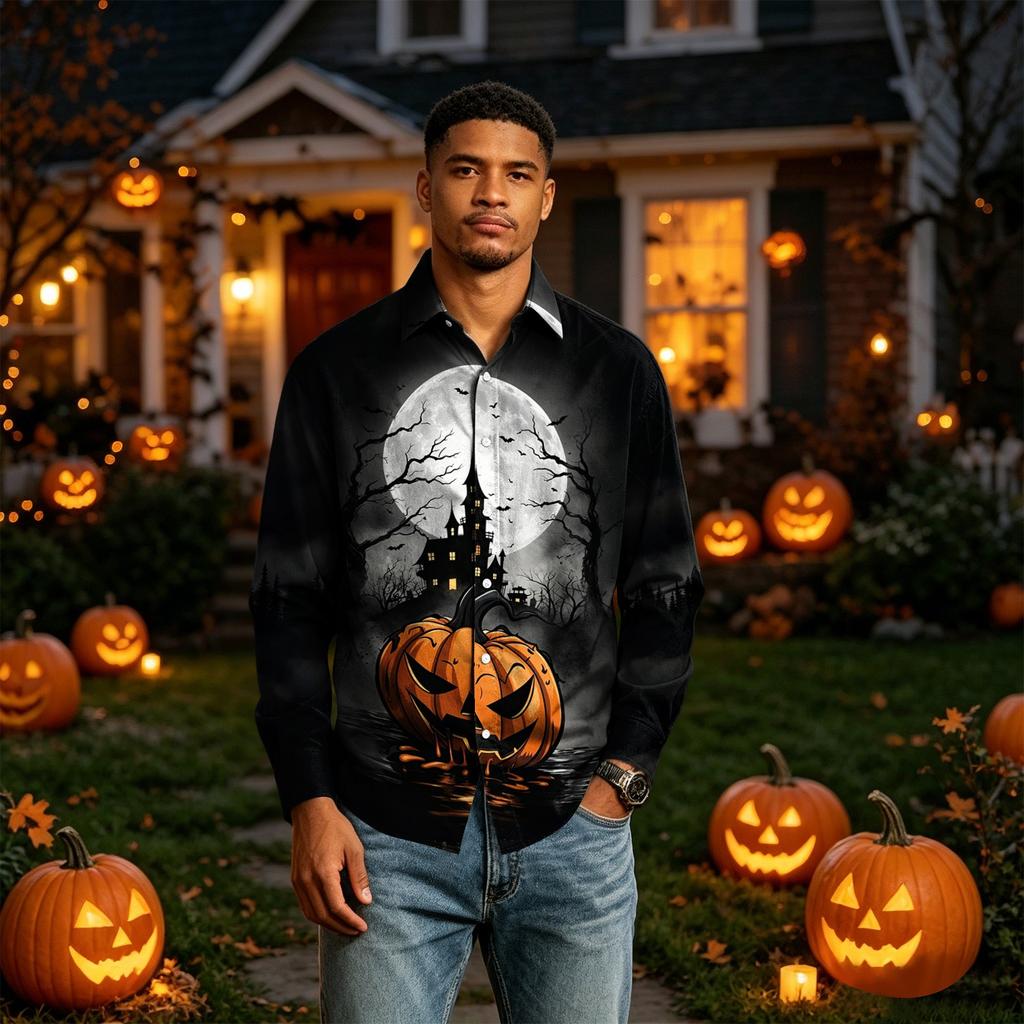 Men's Long Sleeve Button Down Halloween Print Shirt