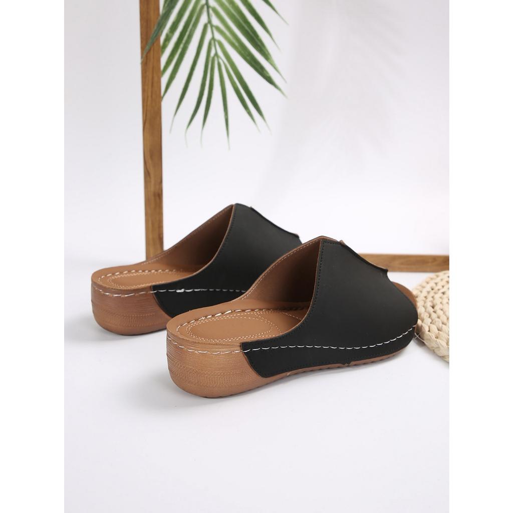 Slope Heel Thick Bottom Slippers,Women's Large Size Round Head Casual One Foot Stirrup Solid Color Slope Heel Sandal Slippers Women Outer Wear