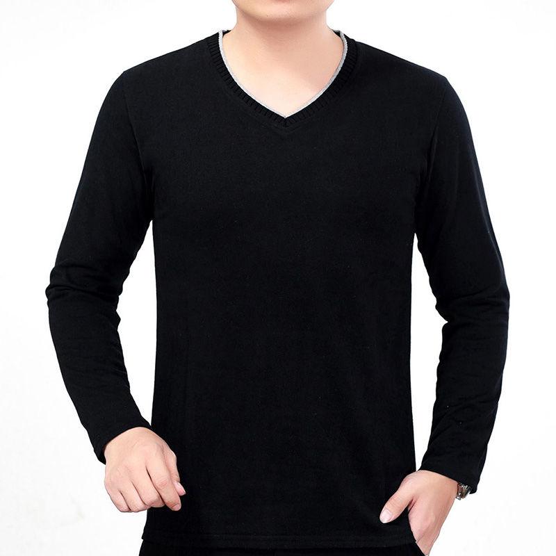 Spring and Autumn Men's V-neck Stripe Thread Decoration Loose Casual Fashion Elegant Commuting Long Sleeved Bottom Shirt