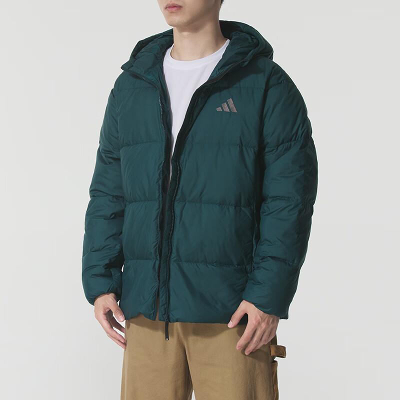 Adidas Podstawowa kurtka puchowa Ciepła Sportowa Wiatroodporna z kapturem Płaszcz z puchu kaczkiego Męska kurtka Ciemnozielona KC2480