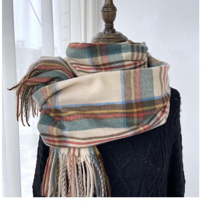 Plaid Scarf Women's Winter New Imitation Cashmere Fringed Shawl Retro Scarf Autumn And Winter Colorful Plaid Scarf, Fashion Warm Plaid Scarf for Women