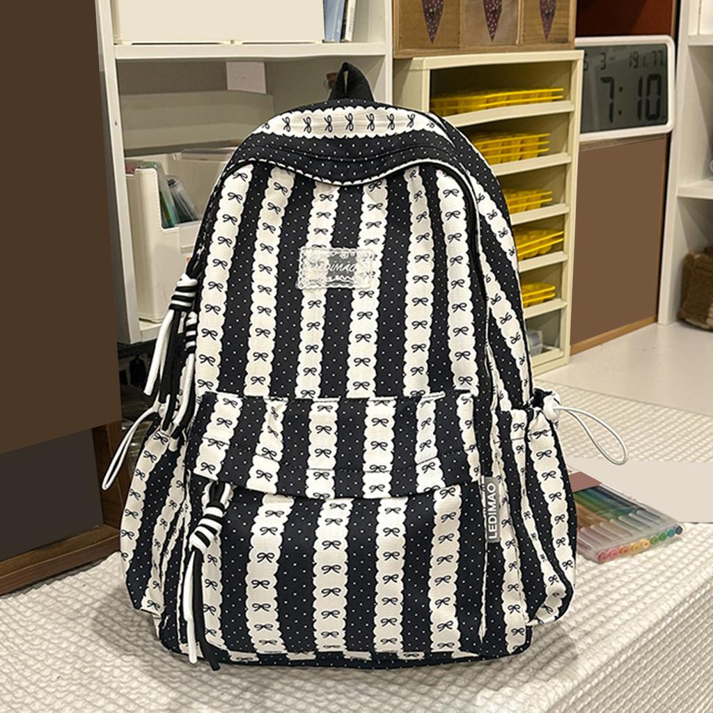 Nylon Bow Printed Lightweight Travel Bag Large Capacity Aesthetic Daypack Bow Rucksack Multi-pocket for Teens Girls Students