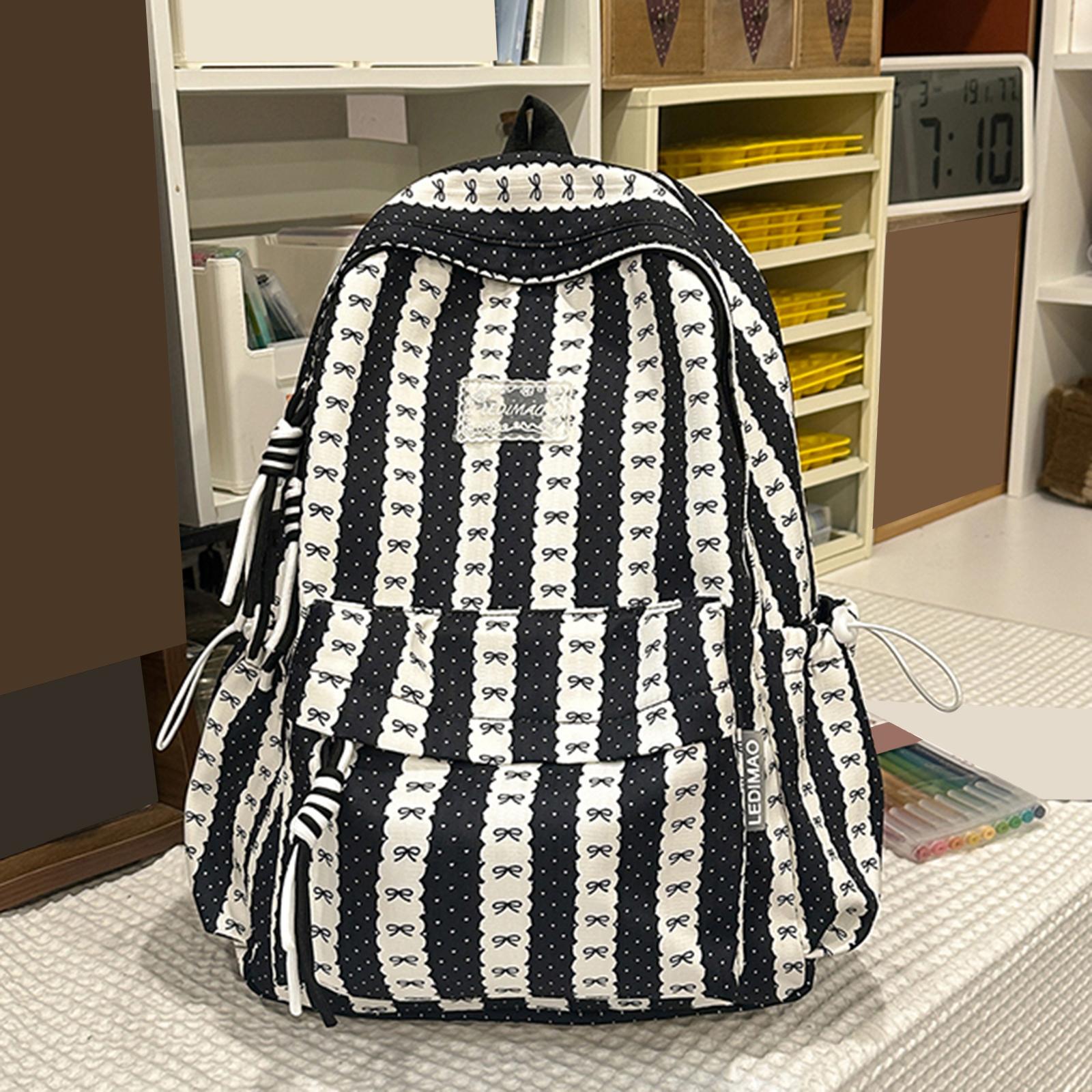 

Nylon Bow Printed Lightweight Travel Bag Large Capacity Aesthetic Daypack Bow Rucksack Multi-pocket for Teens Girls Students чёрный