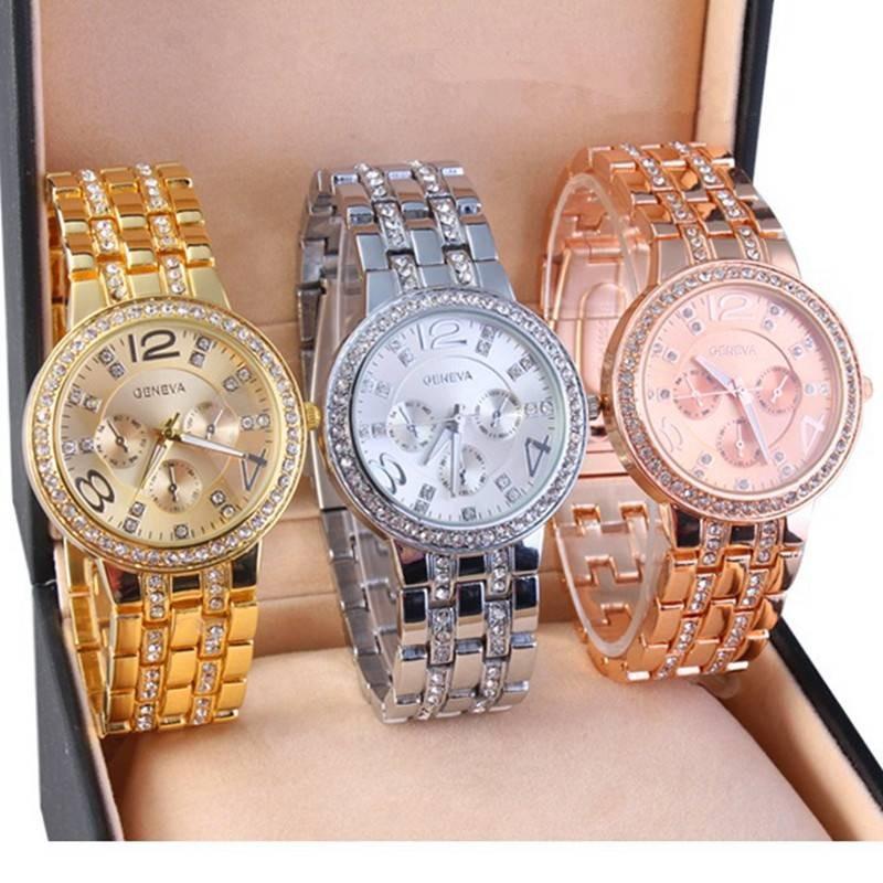 Stylish Geneva Quartz Watch For Women With Diamond Accents And Elegant Stainless Steel Bracelet