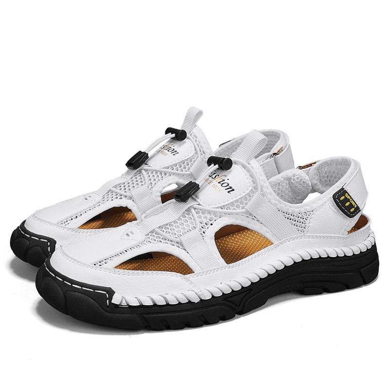 Fashion Handmade Size 46 Mesh Shoes Breathable Sandals Summer Men Sandals Genuine Leather Mens Casual Shoes Outdoor Beach Shoes Roman