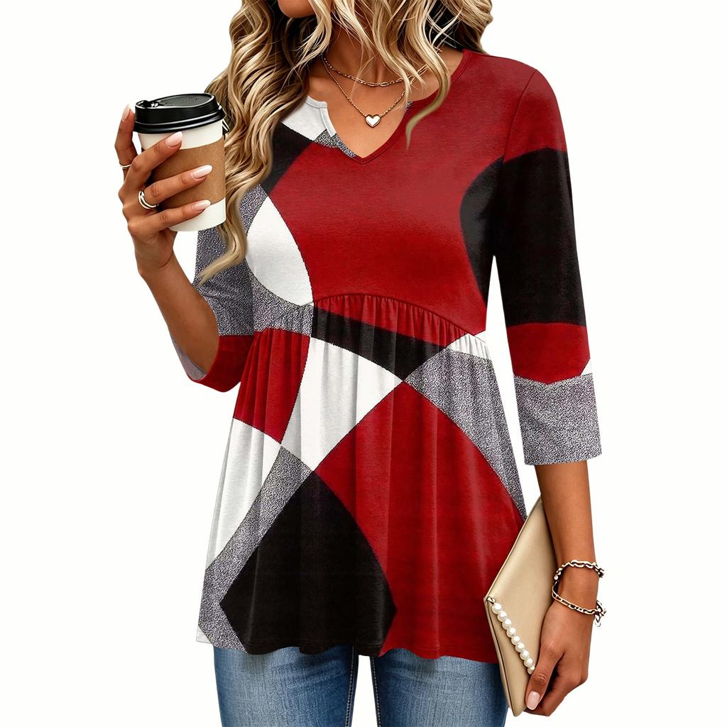 Women's Casual Plaid Print V-Neck Blouse with Three-Quarter Sleeves for Everyday Outfits