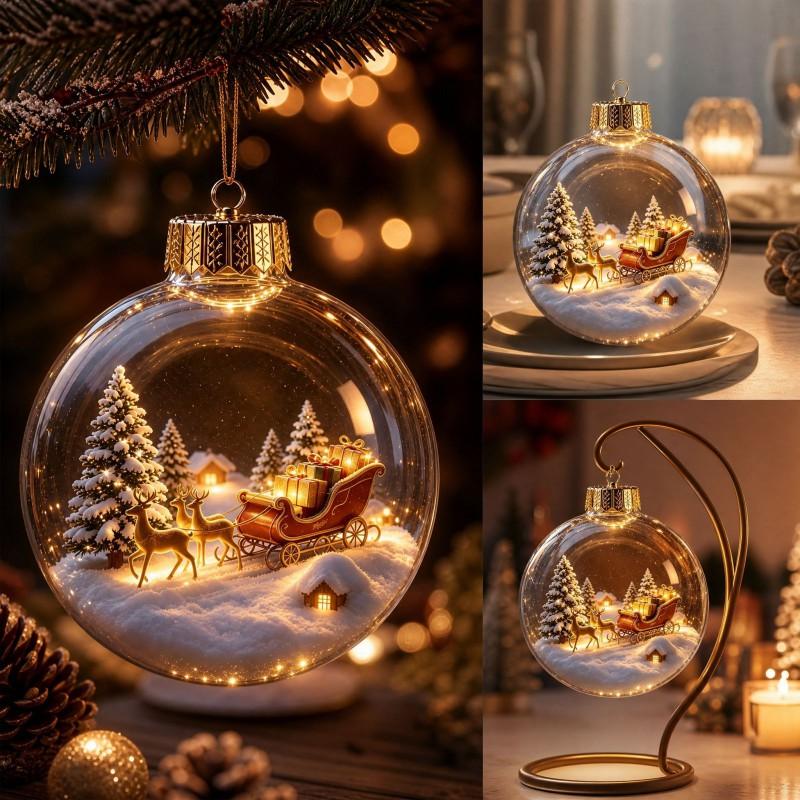 Acryl-Weihnachtsdekoration mit klarer Schneekugel-Szene Hirsch Schlitten Baum Dekoration Hängende Dekoration