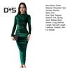 Lady Evening Dress Slim Fit Pleated Bateau Neck Long Sleeve Pure Color Midi Dress Sheath Calf Length Prom Cocktail Party Dress