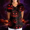 Women's Halloween Print V-Neck Short Sleeve Scrub Top with Pockets, Loose Fit