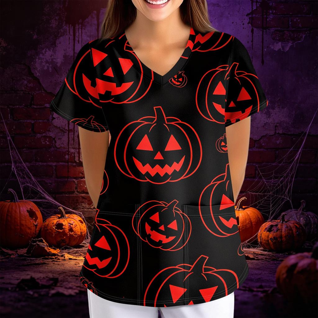 Women's Halloween Print V-Neck Short Sleeve Scrub Top with Pockets, Loose Fit