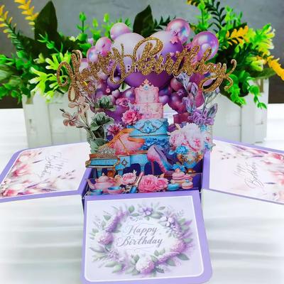 Three Dimensional Pop-up Box with Multiple Styles of Birthday Cake Patterns Suitable for Birthday Party Desktop Decorations