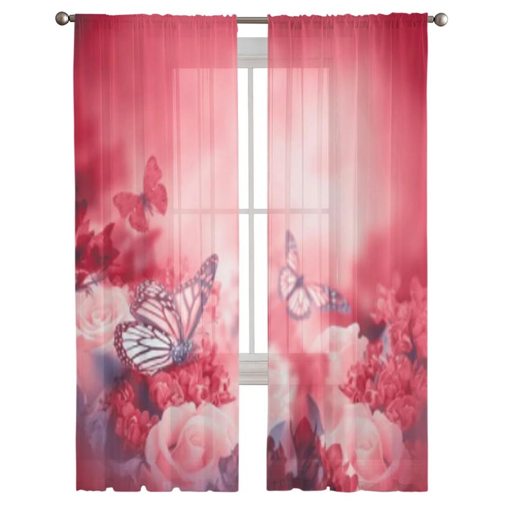 Yellow Roses Red Tulle Sheer Curtains for Living Room Decoration Curtain for the Room Bedroom Kitchen Voile Organza Curtains