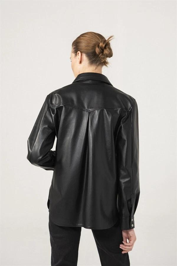 Casual Soft Stylish Formal Leather Shirt Black Handmade Lambskin Genuine Women