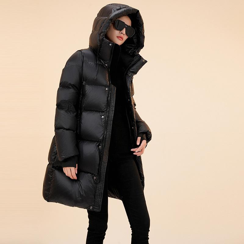 Black gold medium and long down jacket women's winter fashion high-end white duck down to keep warm over the knee couple bread jacket burst