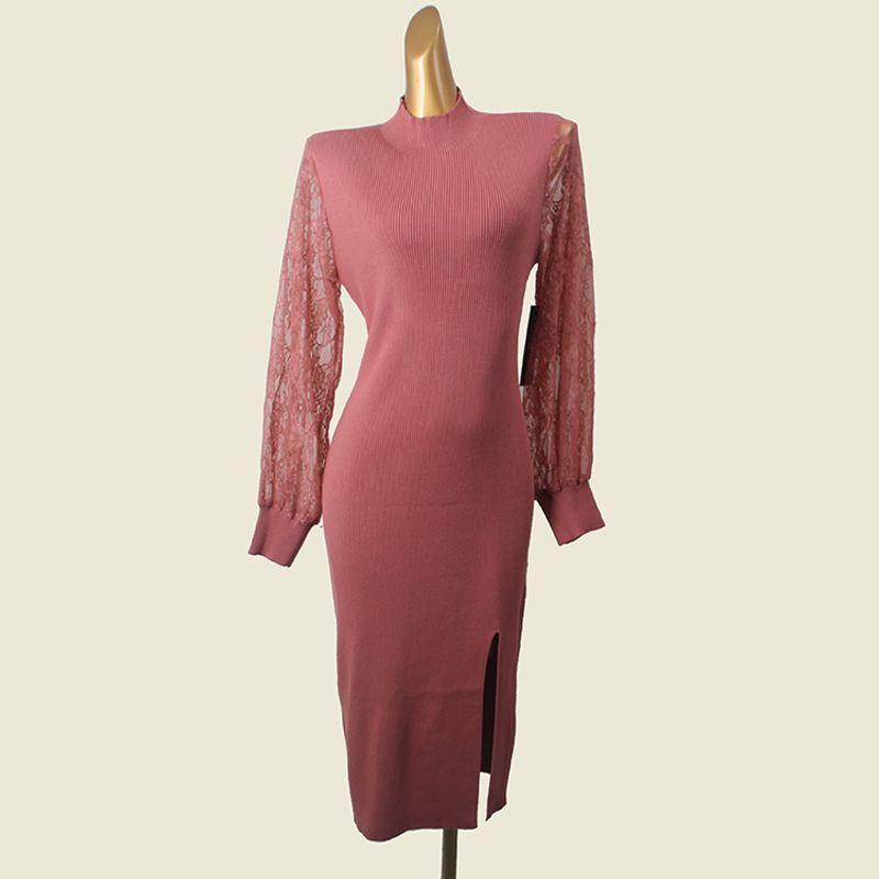 

French Style Small Stand Collar Lace Sleeve Knitting Splicing Package Hip Skirt Foreign Trade Original Order Rib Slim Fit Slit Dress Brick Red 2XL