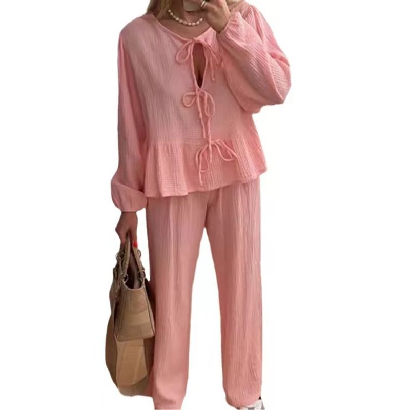 European and American New Fashion Lantern Sleeve Lace-up Top Trousers Set Lace up Top and Pants Set