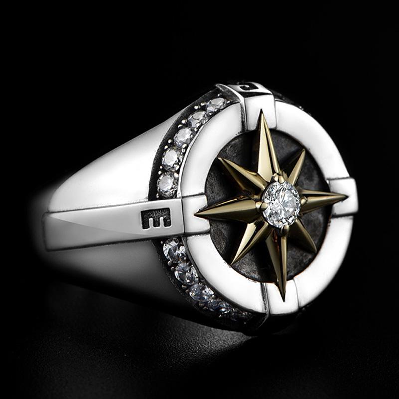 Retro Eight Awn Star Compass Ring Punk Gothic Adjustable Open Ring For Men Copper  Biker Accessories Creative Man Gift