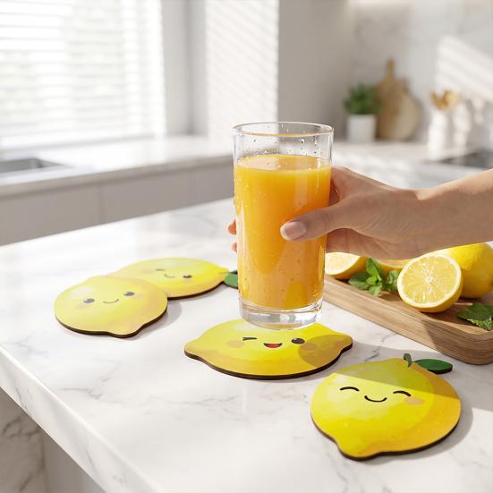 Non Slip Insulation Cup Mats 4PCS Cute Lemon Shape Wooden Coasters, Non-slip Heat Pads, Functional Coffee Table Coasters Decorative Tableware
