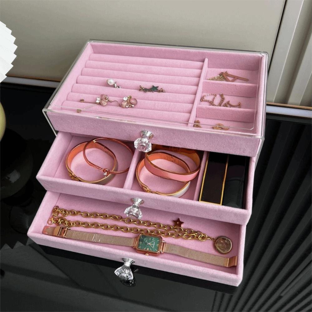 Transparent Jewelry Storage Box Dust-proof Earrings Jewelry Box Three Drawer Jewelry Box  Storage