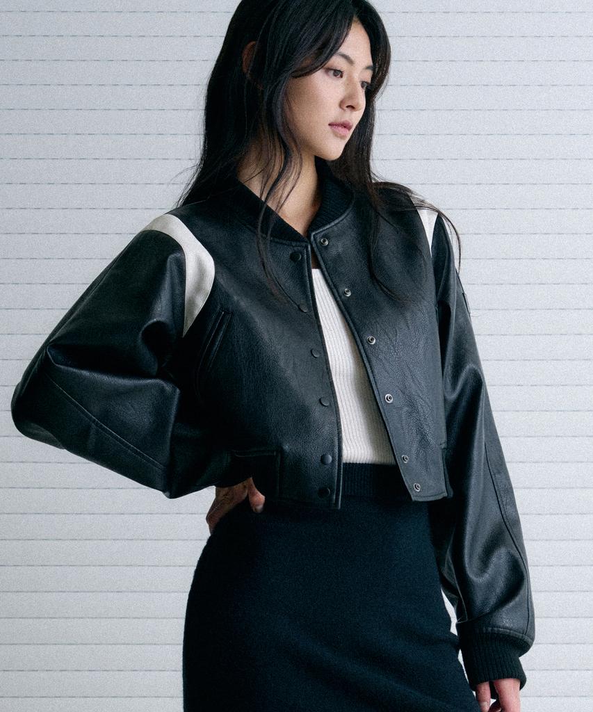 Leathery Corduroy Varsity Teddy Jacket [Black]