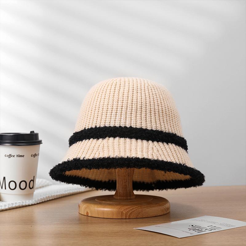 

Bucket hat Korean version big head circumference showing face small versatile striped wool hat tide M（56-58cm）