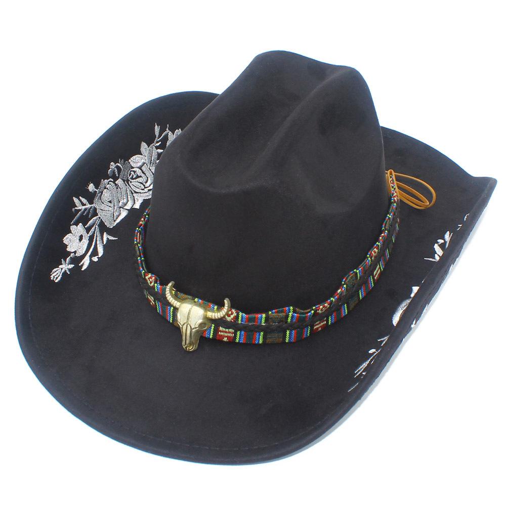 Fashion embroidered suede western cowboy hat big brim bull head accessories outdoor visor versatile trendy top hat