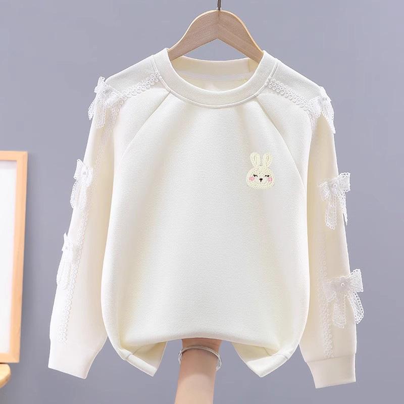 

Девичья толстовка с круглым вырезом и бантом - Модный универсальный топ для детей на весну/осень 170cm грязно-белый