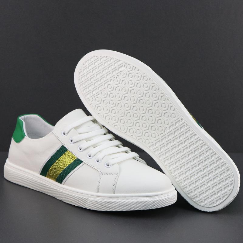 Shoes for Men Genuine Leather Casual Shoes Spring Green Striped Flat Skateboard Shoes White Leather Sneakers