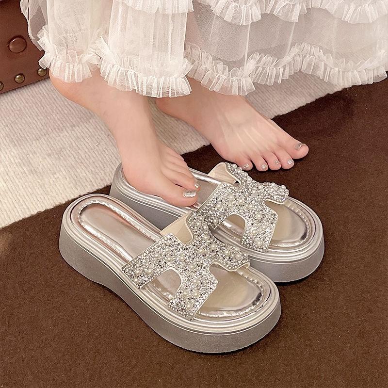 Light luxury beautiful rhinestone cool slippers women wear new spring and summer fashion versatile thick bottom one-word drag